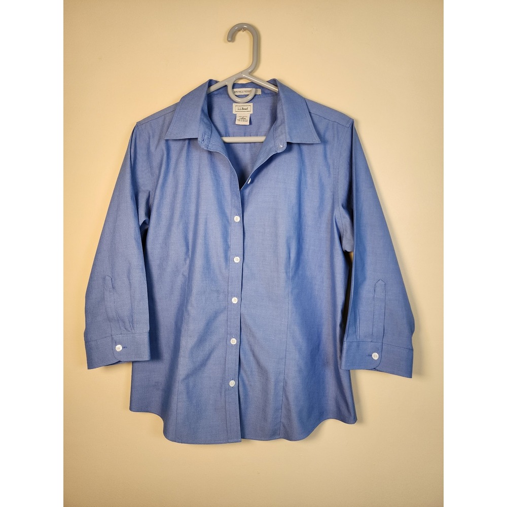 LL Bean Wrinkle Free Pinpoint Oxford Shirt Womens Blue 3/4 Sleeve Button Down MD